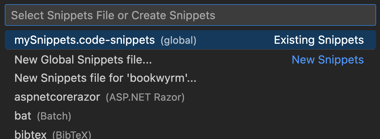 The Visual Studio Code Command Palette with options for creating snippets.