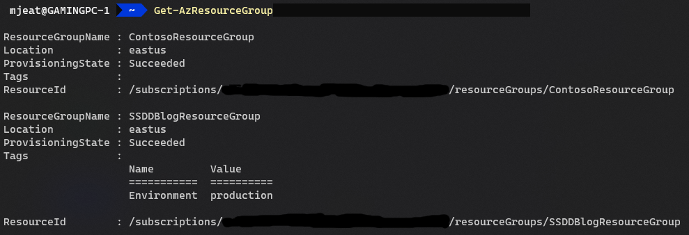 The output from executing Get-AzResourceGroup.