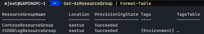 The output from executing Get-AzResourceGroup and piping the results to the Format-Table cmdlet.